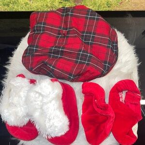 Plaid Beret hat, red velvet booties and red and white fuzzy Santa-like booties